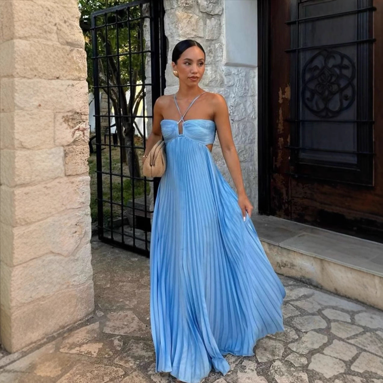 Robe de soirée plissée à bretelles,parfaite et tendance