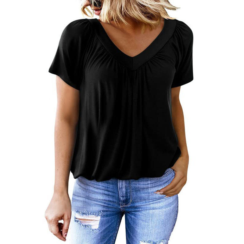 T-shirt femme uni à manches courtes et col en V