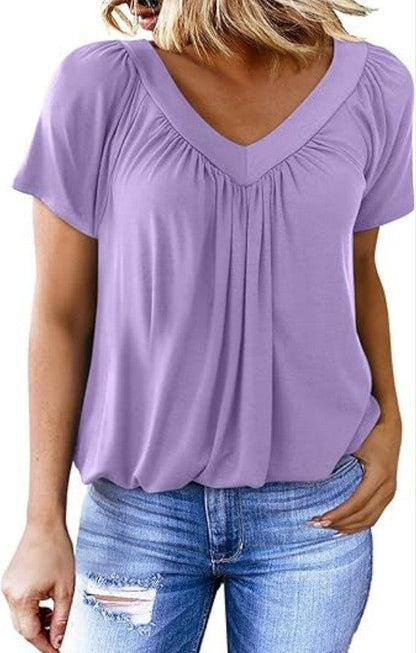T-shirt femme uni à manches courtes et col en V