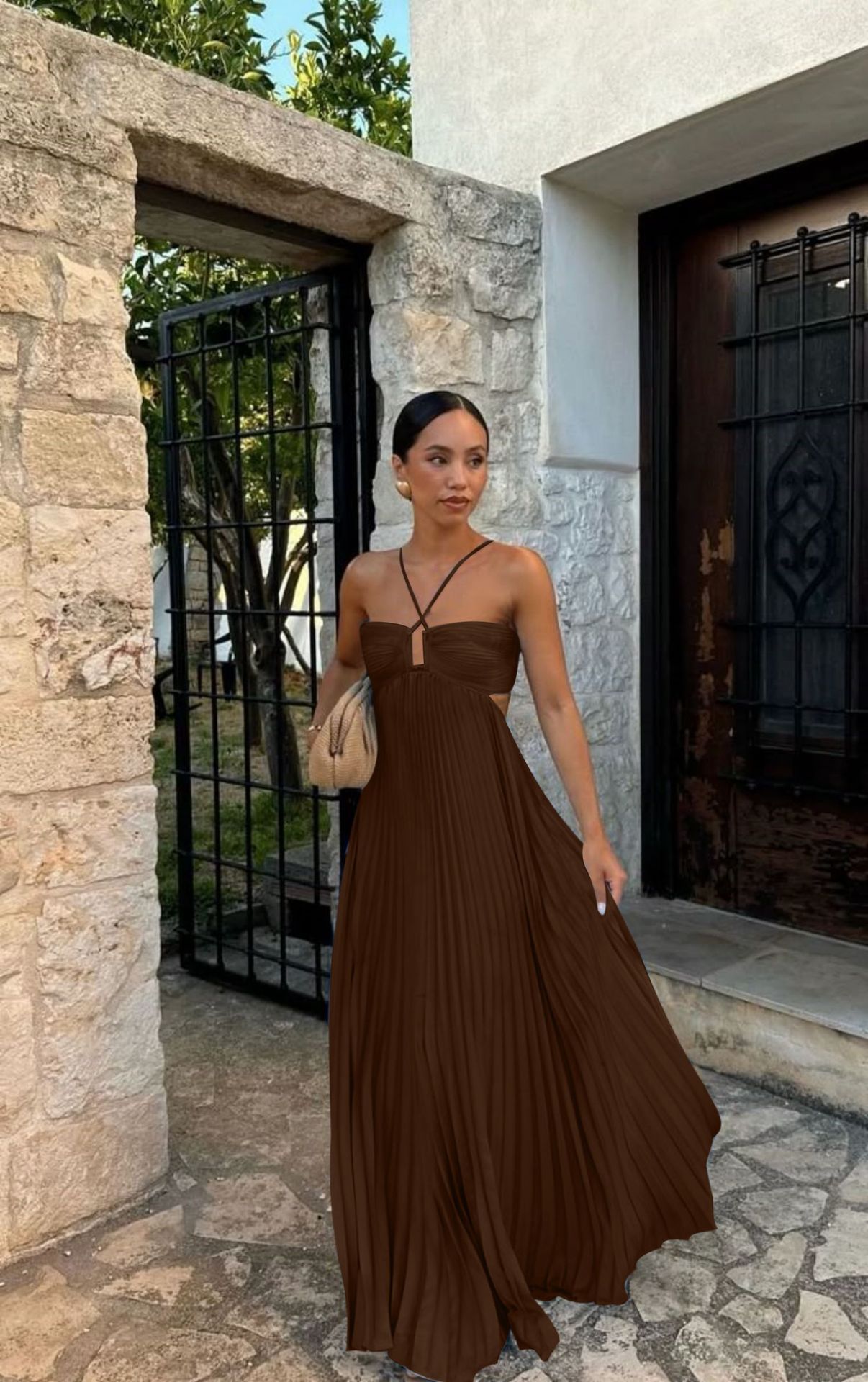 Robe de soirée plissée à bretelles,parfaite et tendance