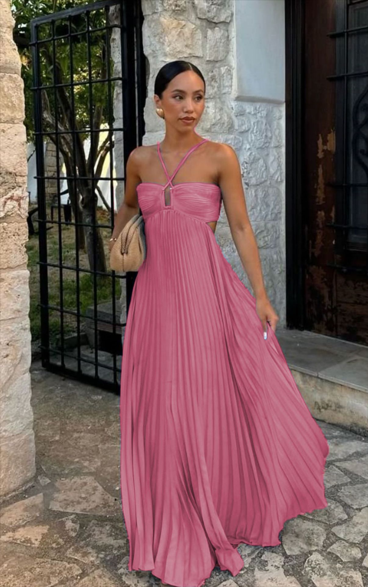 Robe de soirée plissée à bretelles,parfaite et tendance